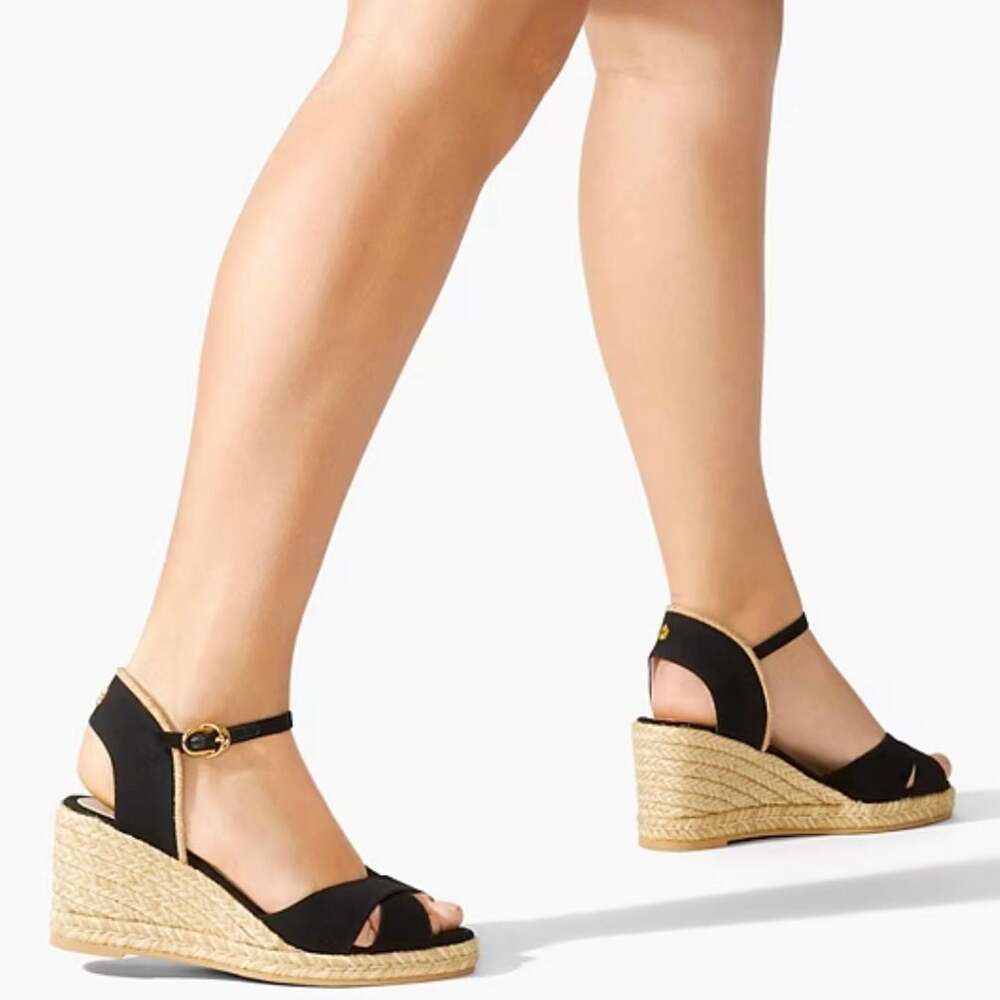 Stuart Weitzman Mirela Black Canvas Espadrille Wedge Sandals